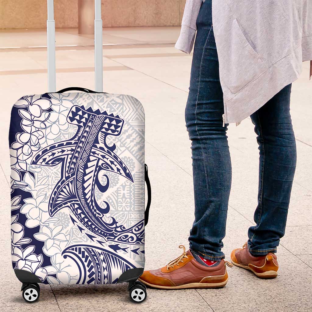 Polynesian Navy Blue Plumeria Lei Luggage Cover with Hammerhead Shark