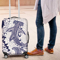 Polynesian Navy Blue Plumeria Lei Luggage Cover with Hammerhead Shark