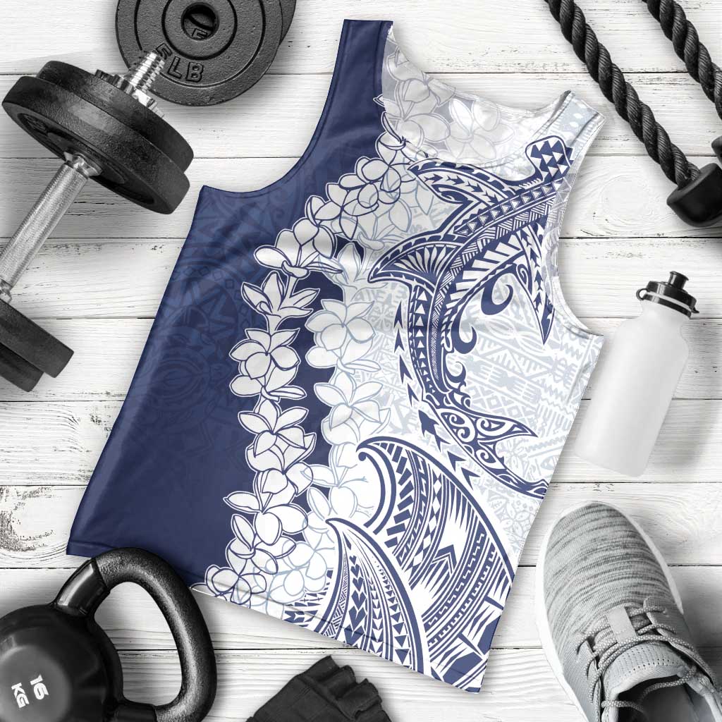 Polynesian Navy Blue Plumeria Lei Men Tank Top with Hammerhead Shark LT7 - Polynesian Pride
