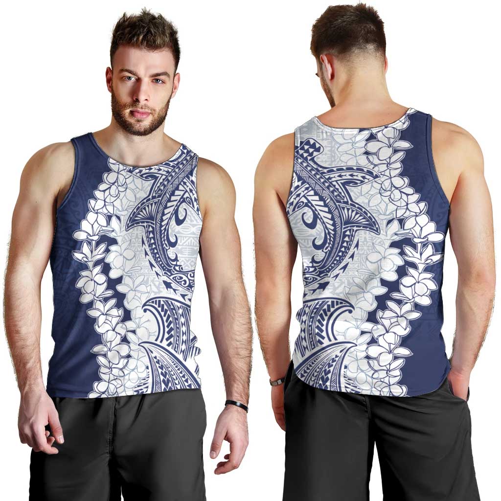 Polynesian Navy Blue Plumeria Lei Men Tank Top with Hammerhead Shark LT7 - Polynesian Pride