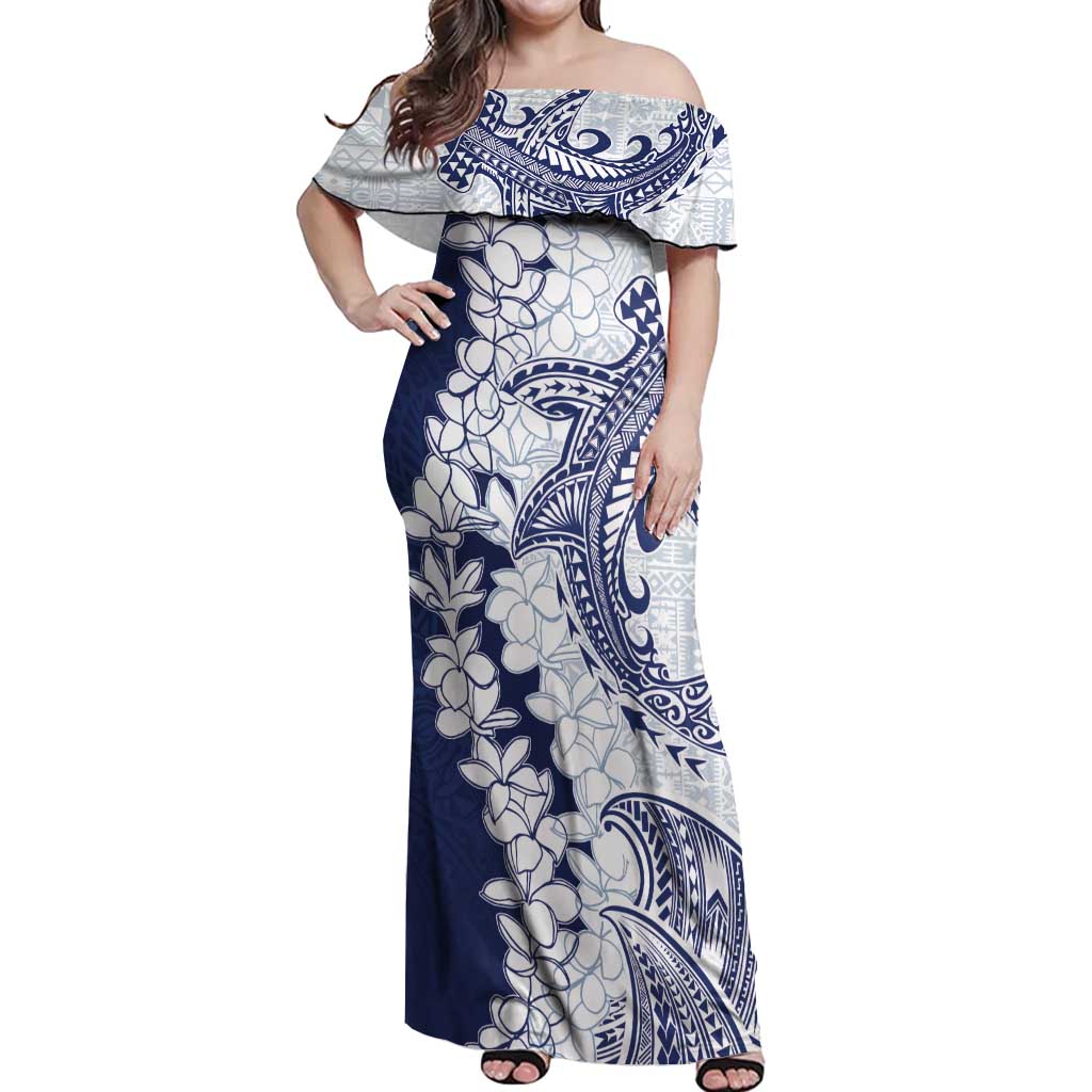 Polynesian Navy Blue Plumeria Lei Off Shoulder Maxi Dress with Hammerhead Shark LT7 Women Navy Blue - Polynesian Pride