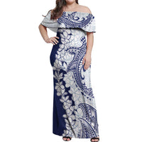 Polynesian Navy Blue Plumeria Lei Off Shoulder Maxi Dress with Hammerhead Shark LT7 Women Navy Blue - Polynesian Pride