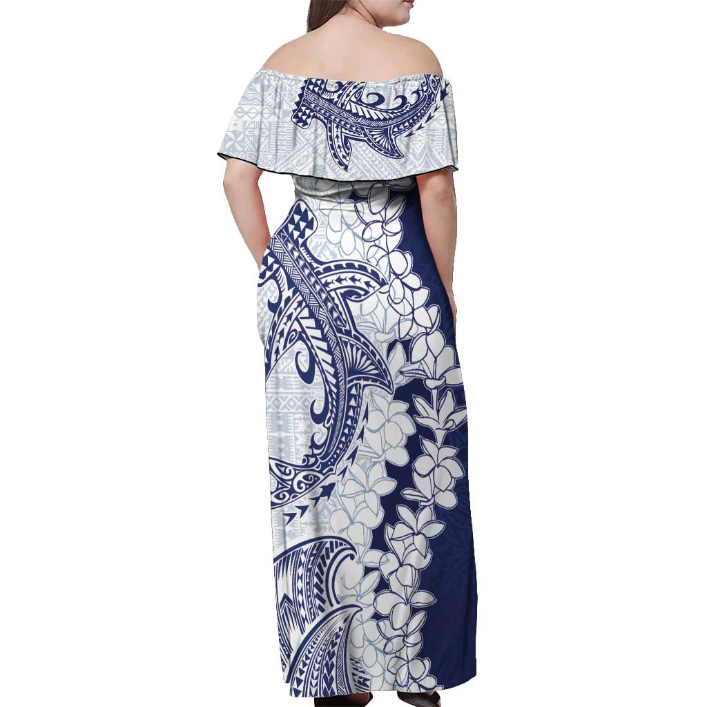 Polynesian Navy Blue Plumeria Lei Off Shoulder Maxi Dress with Hammerhead Shark LT7 - Polynesian Pride