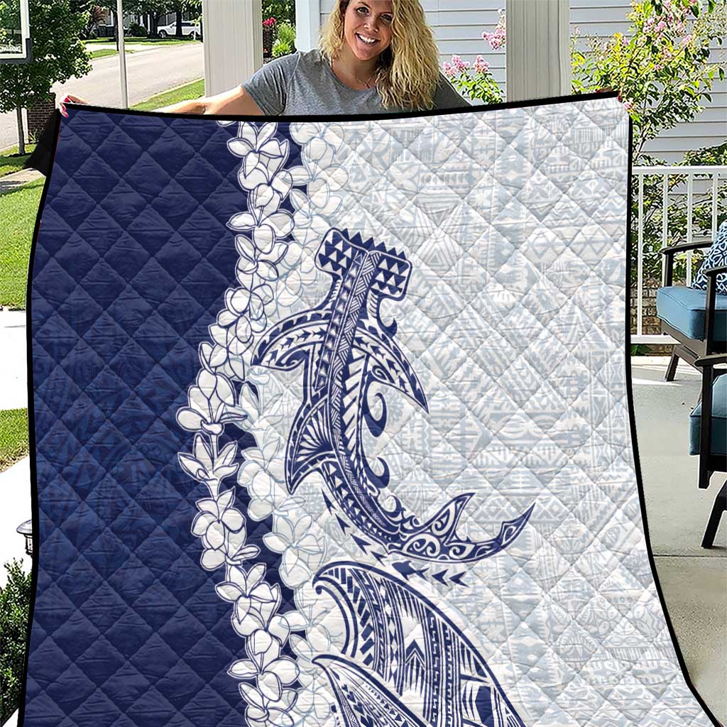 Polynesian Navy Blue Plumeria Lei Quilt with Hammerhead Shark