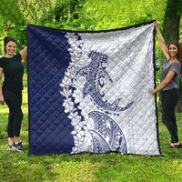 Polynesian Navy Blue Plumeria Lei Quilt with Hammerhead Shark