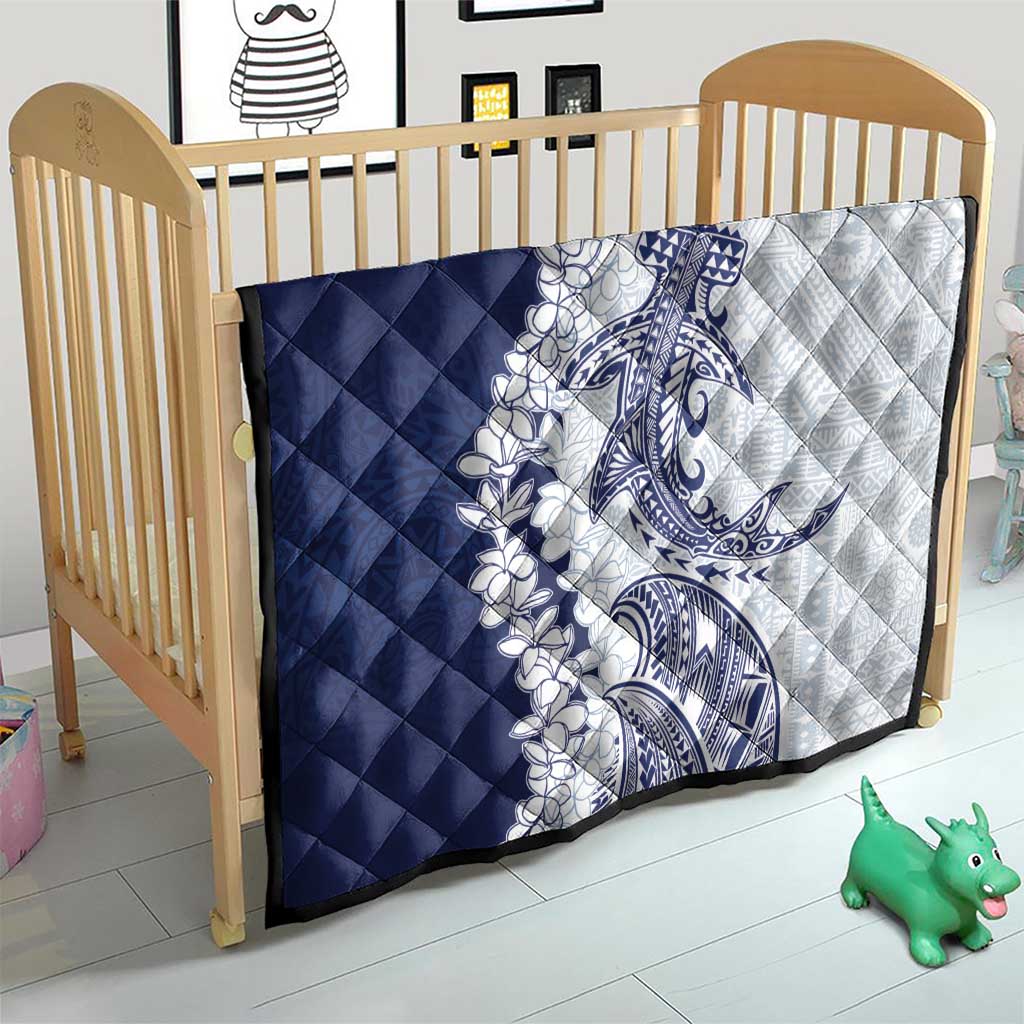 Polynesian Navy Blue Plumeria Lei Quilt with Hammerhead Shark
