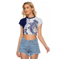 Polynesian Navy Blue Plumeria Lei Raglan Cropped T Shirt with Hammerhead Shark LT7 Female Navy Blue - Polynesian Pride