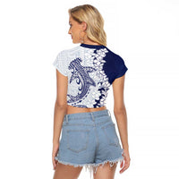 Polynesian Navy Blue Plumeria Lei Raglan Cropped T Shirt with Hammerhead Shark LT7 - Polynesian Pride