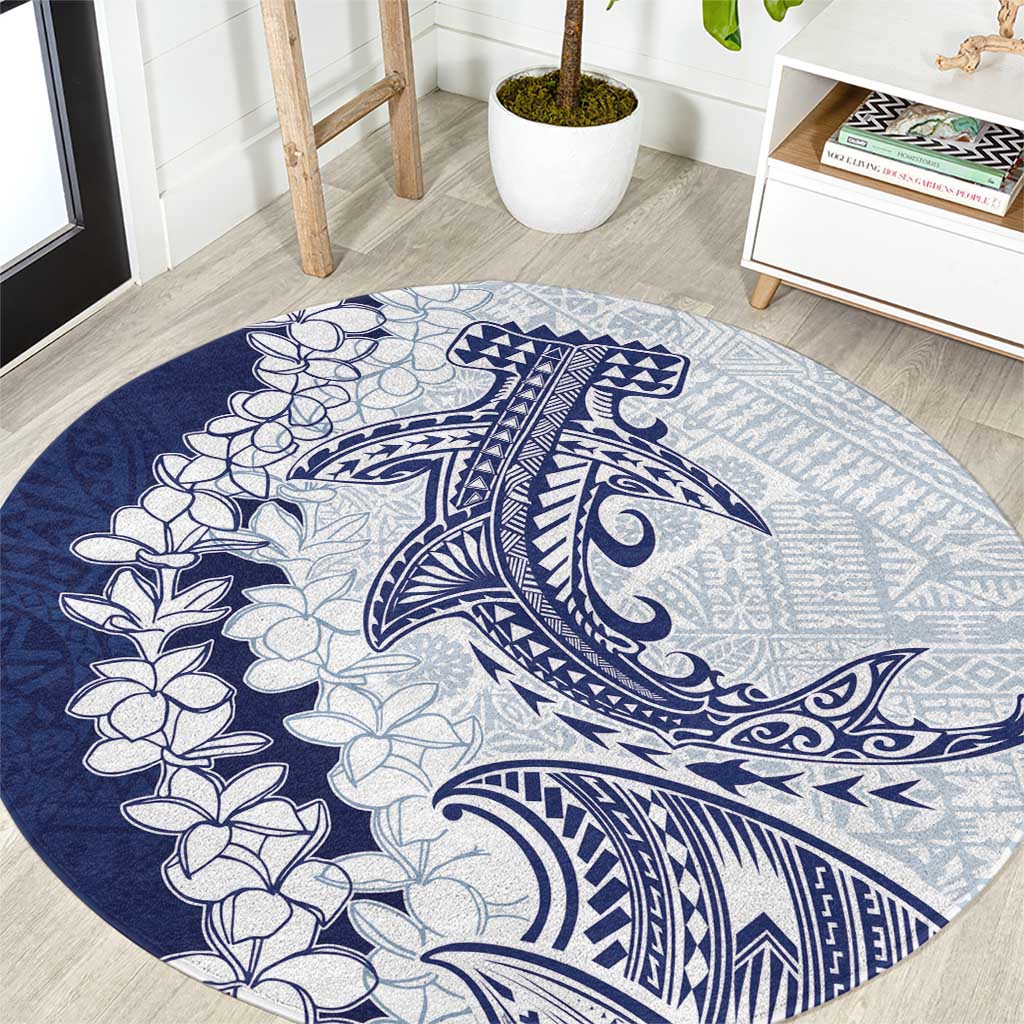 Polynesian Navy Blue Plumeria Lei Round Carpet with Hammerhead Shark