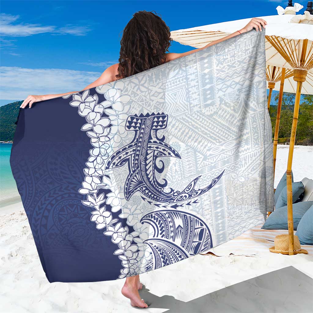 Polynesian Navy Blue Plumeria Lei Sarong with Hammerhead Shark