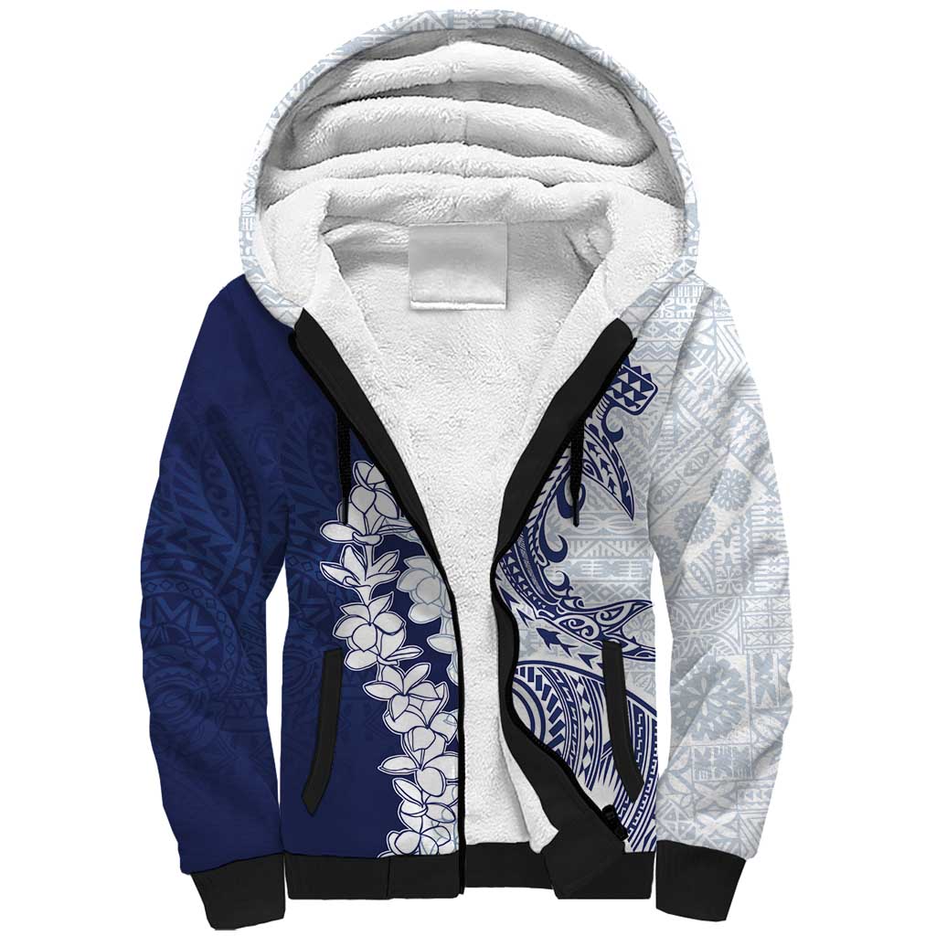 Polynesian Navy Blue Plumeria Lei Sherpa Hoodie with Hammerhead Shark