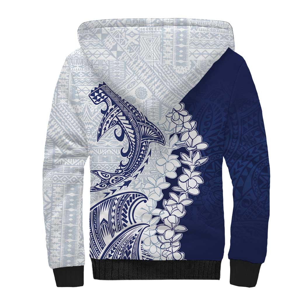 Polynesian Navy Blue Plumeria Lei Sherpa Hoodie with Hammerhead Shark LT7 - Polynesian Pride