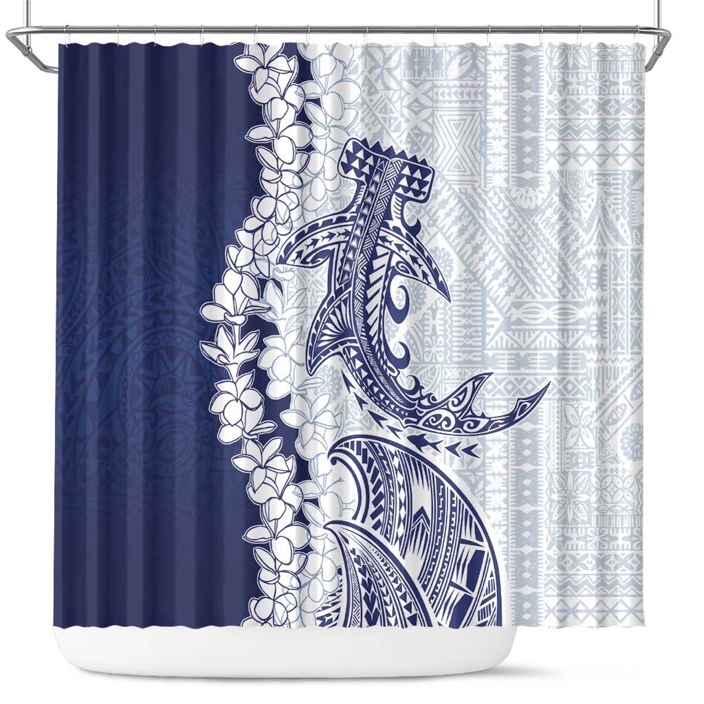 Polynesian Navy Blue Plumeria Lei Shower Curtain with Hammerhead Shark