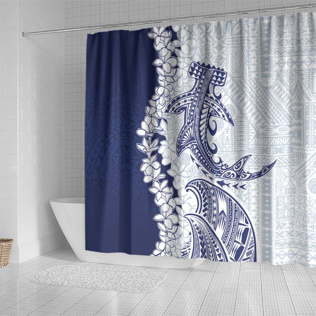 Polynesian Navy Blue Plumeria Lei Shower Curtain with Hammerhead Shark