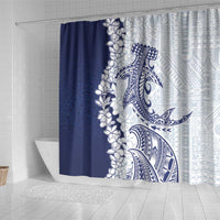 Polynesian Navy Blue Plumeria Lei Shower Curtain with Hammerhead Shark