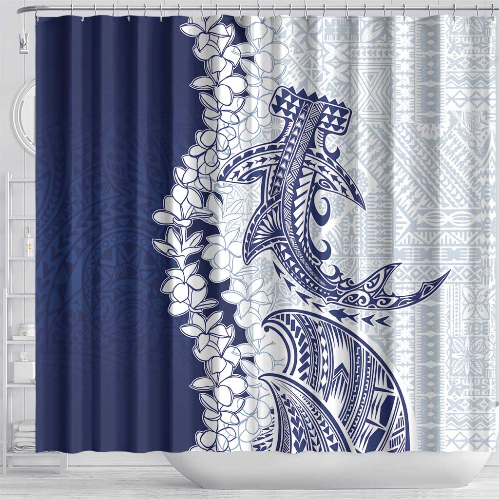 Polynesian Navy Blue Plumeria Lei Shower Curtain with Hammerhead Shark