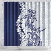 Polynesian Navy Blue Plumeria Lei Shower Curtain with Hammerhead Shark