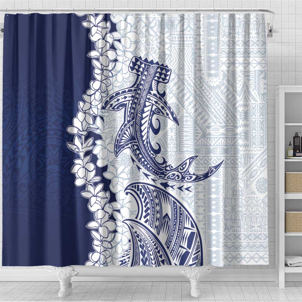 Polynesian Navy Blue Plumeria Lei Shower Curtain with Hammerhead Shark