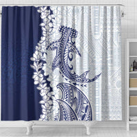 Polynesian Navy Blue Plumeria Lei Shower Curtain with Hammerhead Shark
