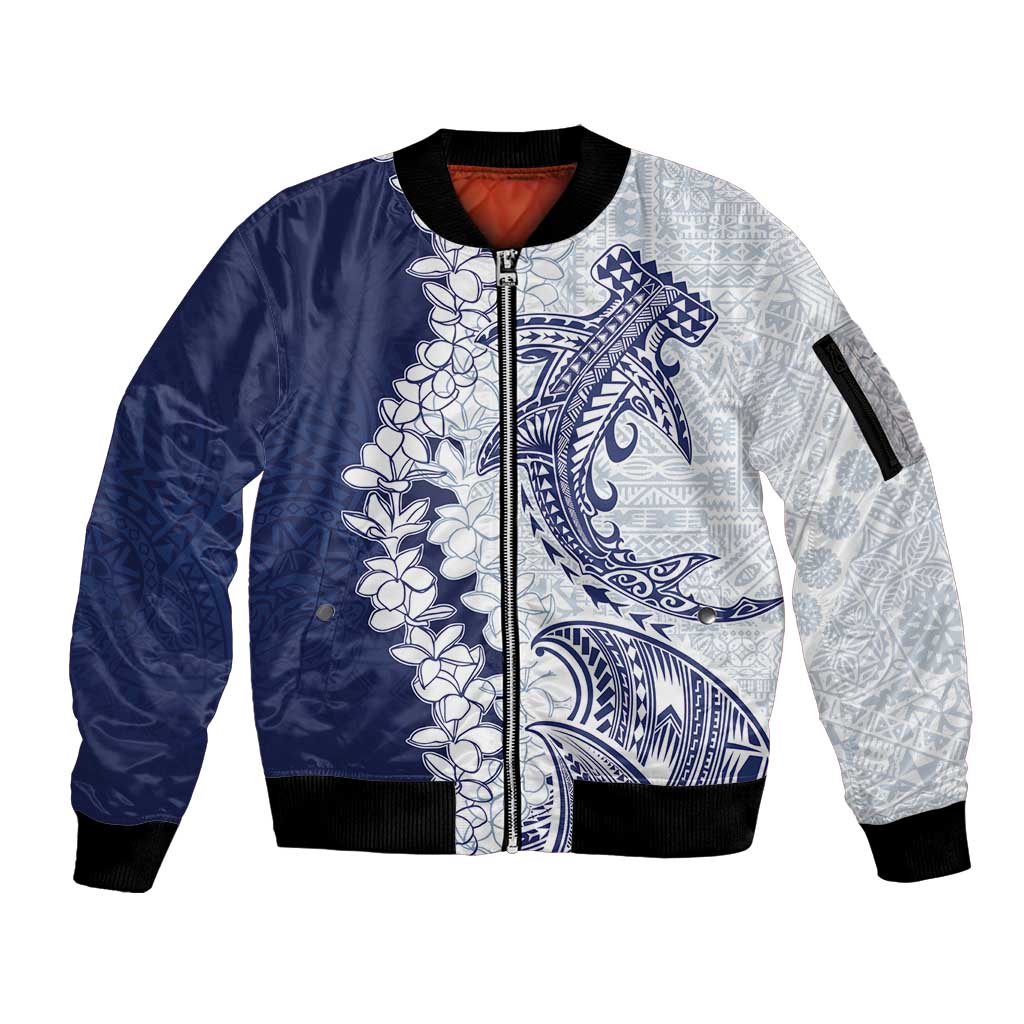 Polynesian Navy Blue Plumeria Lei Sleeve Zip Bomber Jacket with Hammerhead Shark