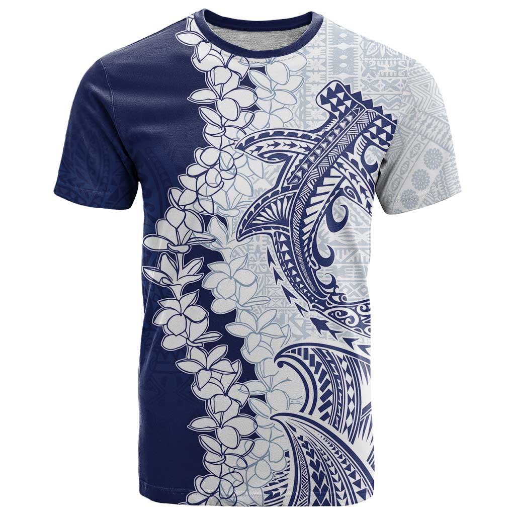 Polynesian Navy Blue Plumeria Lei T Shirt with Hammerhead Shark