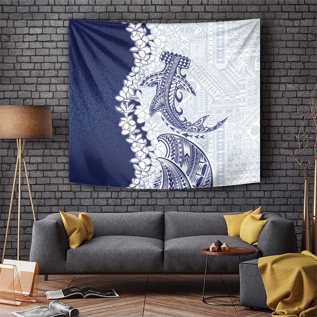 Polynesian Navy Blue Plumeria Lei Tapestry with Hammerhead Shark