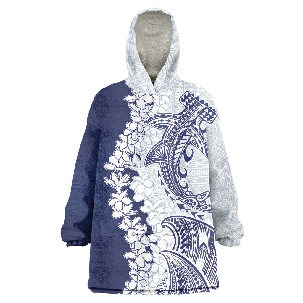 Polynesian Navy Blue Plumeria Lei Wearable Blanket Hoodie with Hammerhead Shark LT7 One Size Navy Blue - Polynesian Pride