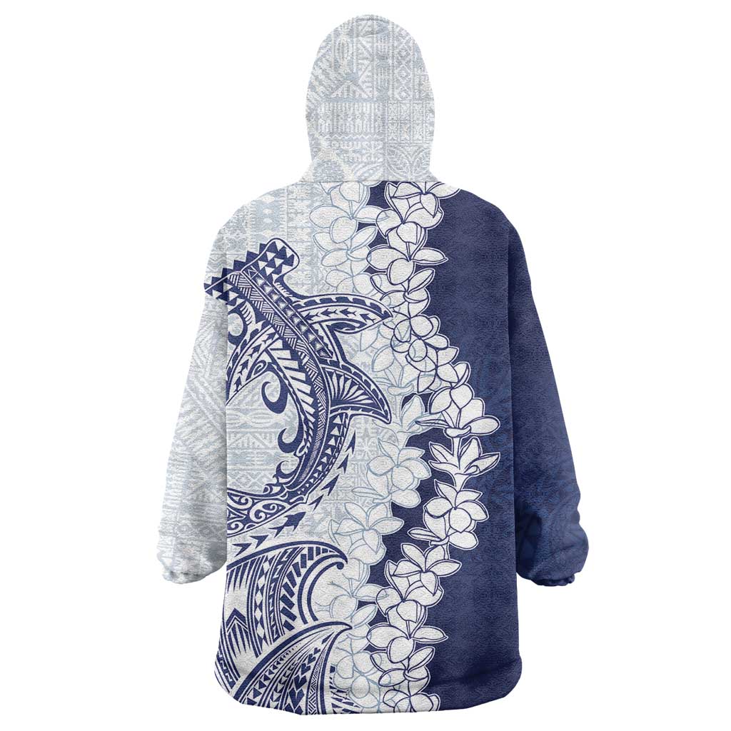 Polynesian Navy Blue Plumeria Lei Wearable Blanket Hoodie with Hammerhead Shark LT7 - Polynesian Pride