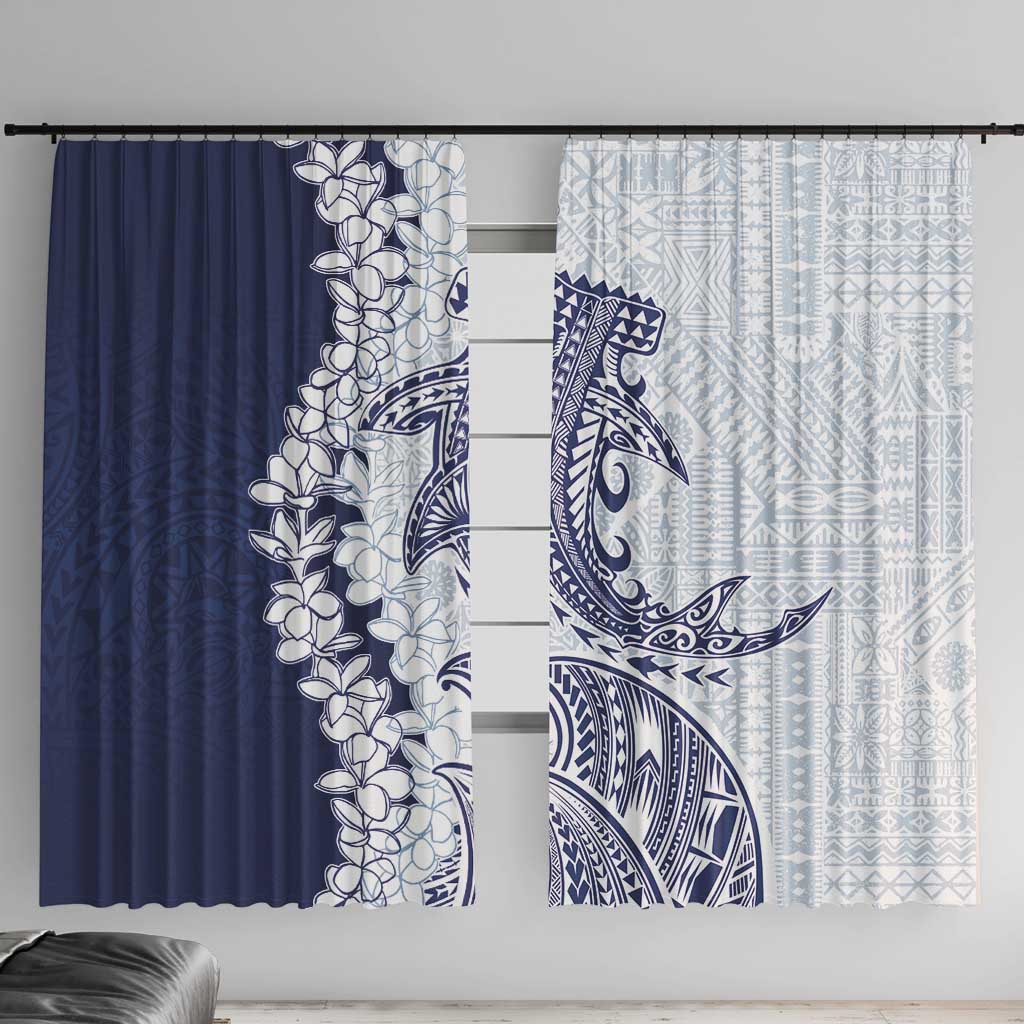 Polynesian Navy Blue Plumeria Lei Window Curtain with Hammerhead Shark