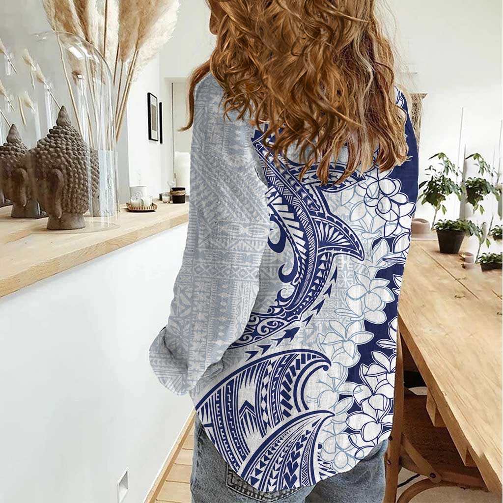 Polynesian Navy Blue Plumeria Lei Women Casual Shirt with Hammerhead Shark