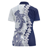Polynesian Navy Blue Plumeria Lei Women Polo Shirt with Hammerhead Shark