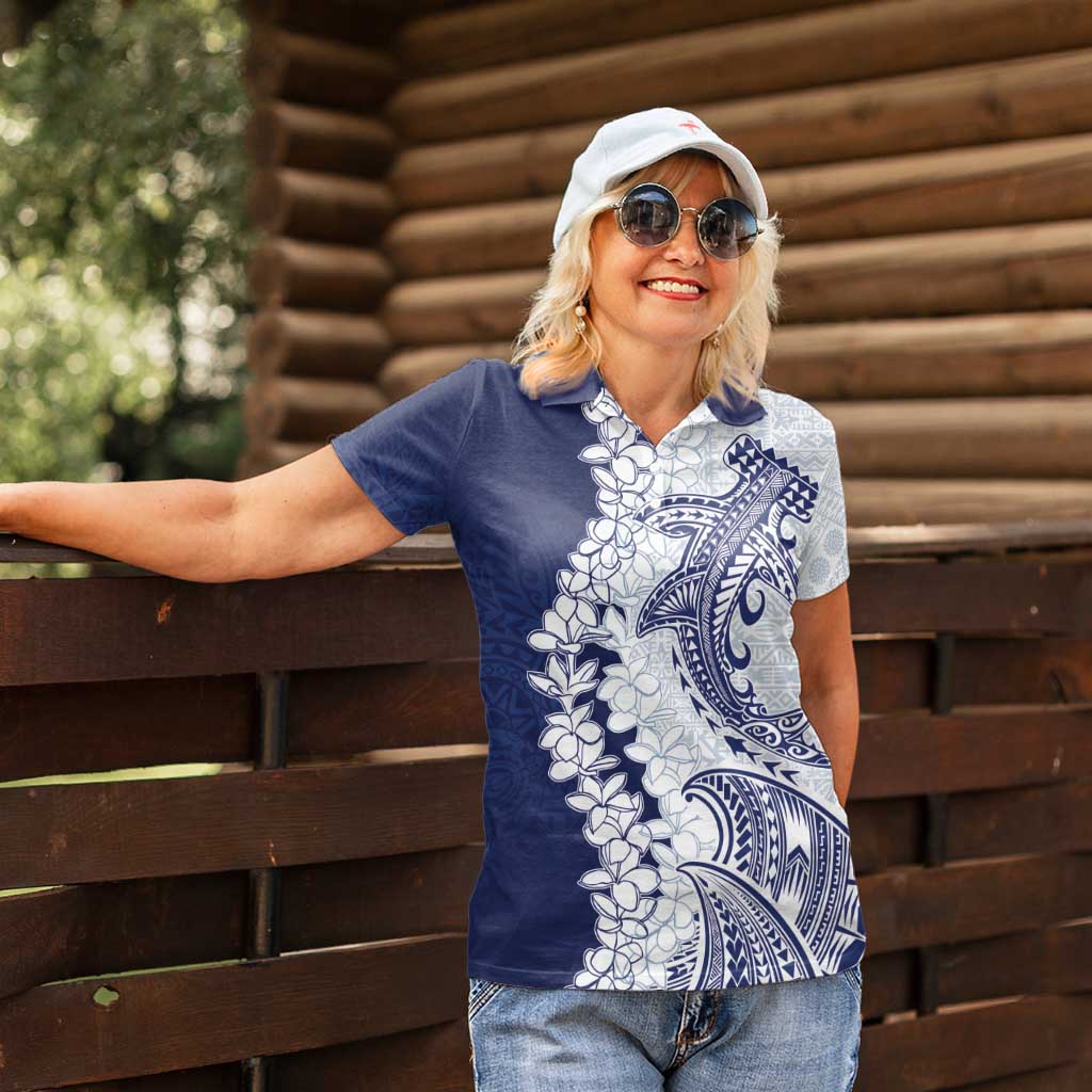 Polynesian Navy Blue Plumeria Lei Women Polo Shirt with Hammerhead Shark