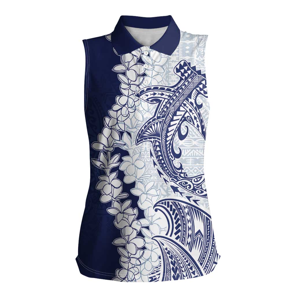 Polynesian Navy Blue Plumeria Lei Women Sleeveless Polo Shirt with Hammerhead Shark LT7 Female Navy Blue - Polynesian Pride