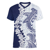 Polynesian Navy Blue Plumeria Lei Women V-Neck T-Shirt with Hammerhead Shark LT7 Female Navy Blue - Polynesian Pride