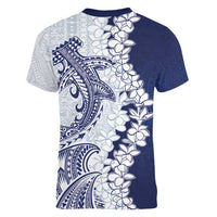 Polynesian Navy Blue Plumeria Lei Women V-Neck T-Shirt with Hammerhead Shark LT7 - Polynesian Pride