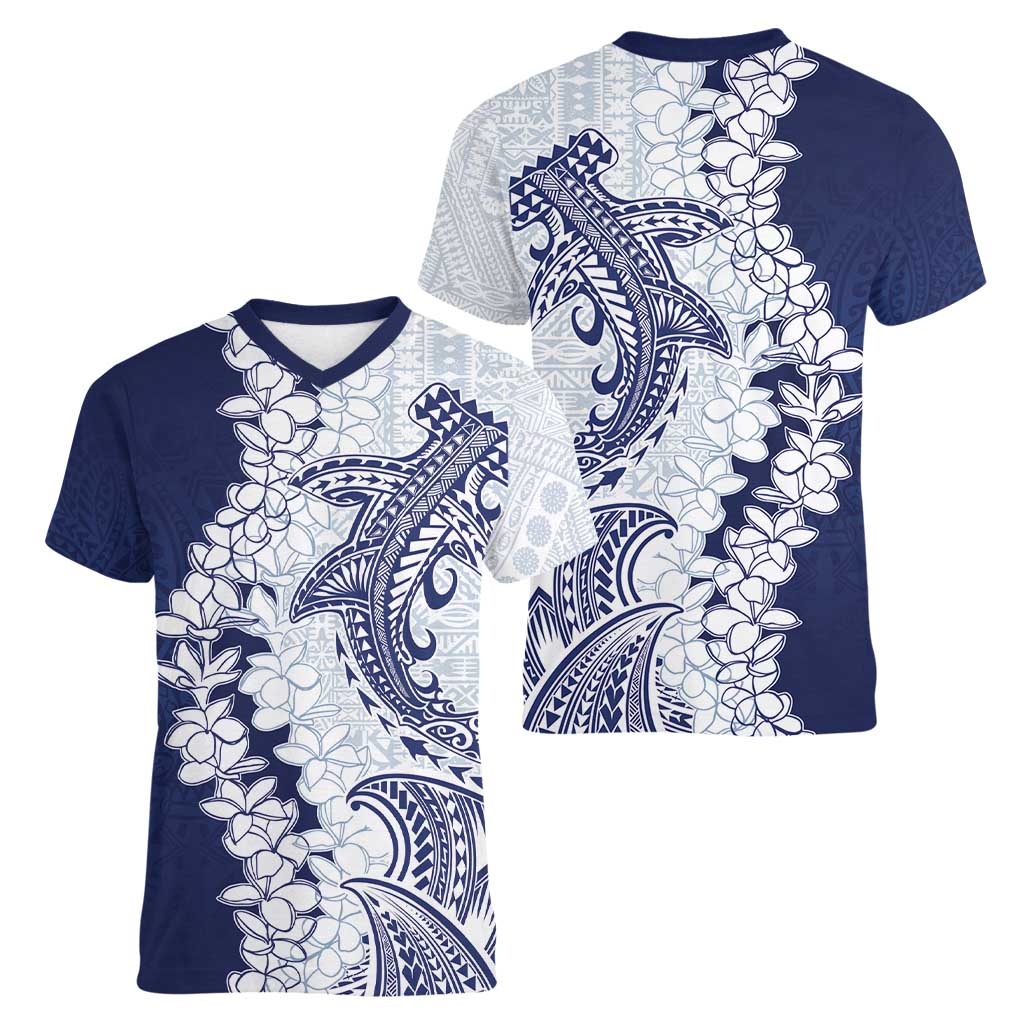 Polynesian Navy Blue Plumeria Lei Women V-Neck T-Shirt with Hammerhead Shark LT7 - Polynesian Pride
