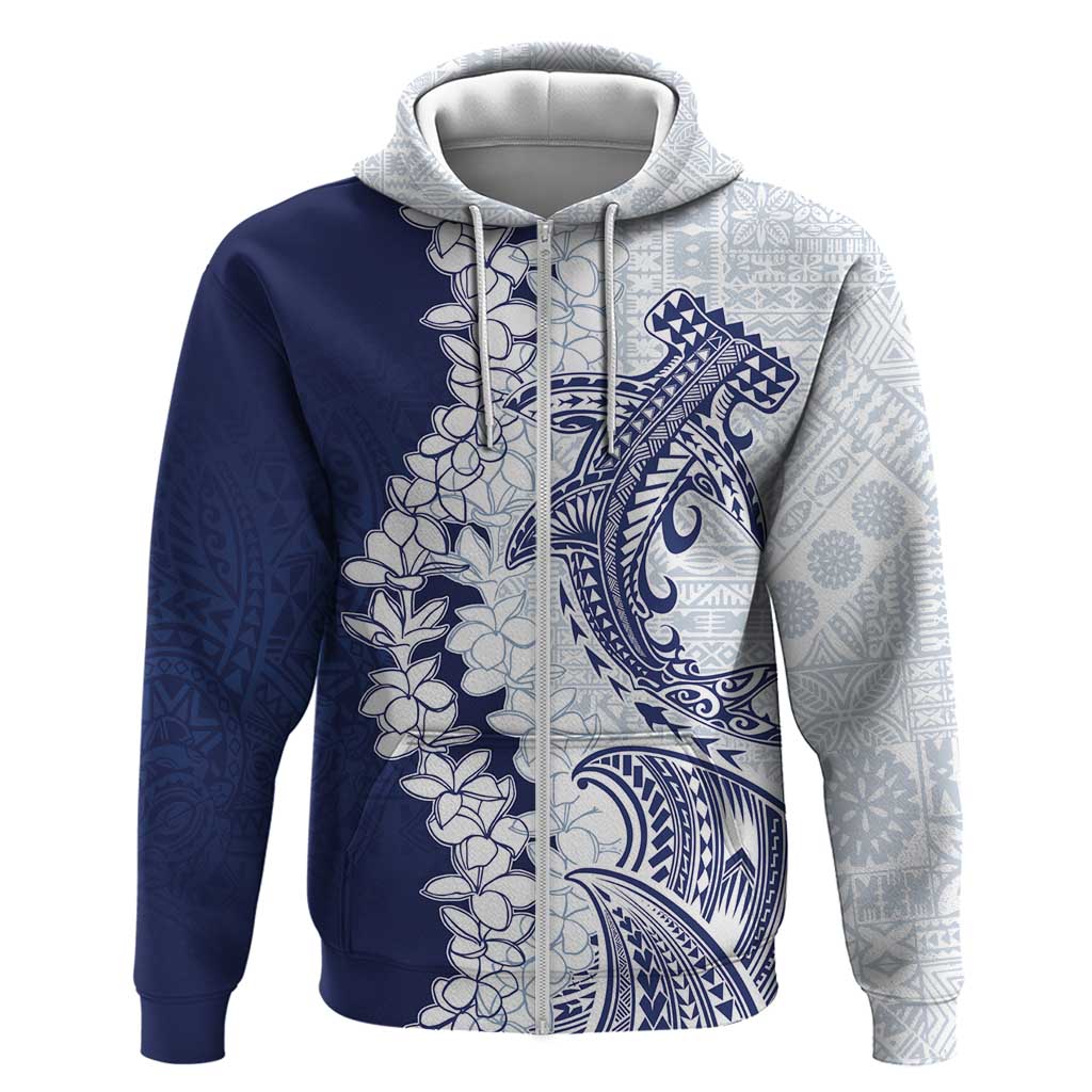 Polynesian Navy Blue Plumeria Lei Zip Hoodie with Hammerhead Shark