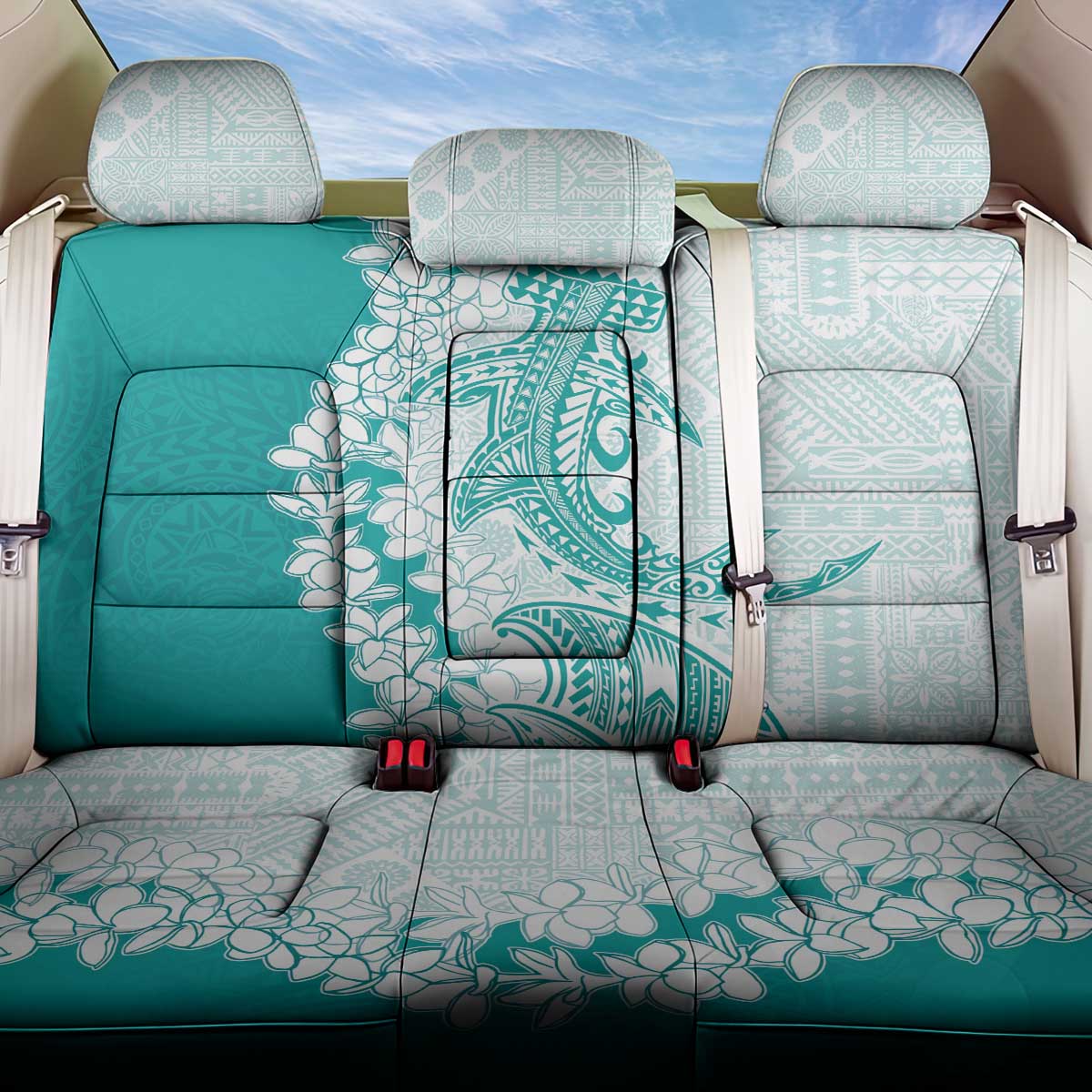 Polynesian Teal Plumeria Lei Back Car Seat Cover with Hammerhead Shark