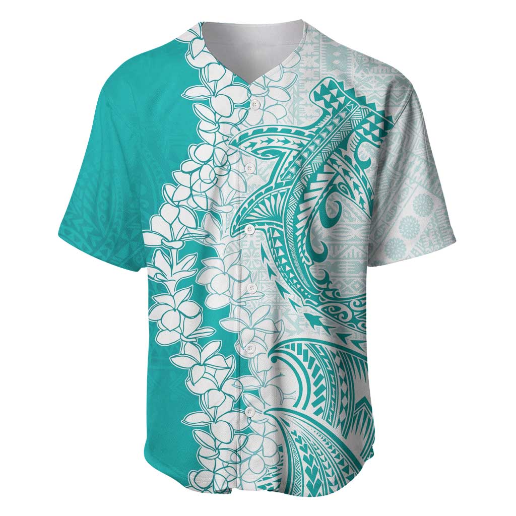 Polynesian Teal Plumeria Lei Baseball Jersey with Hammerhead Shark