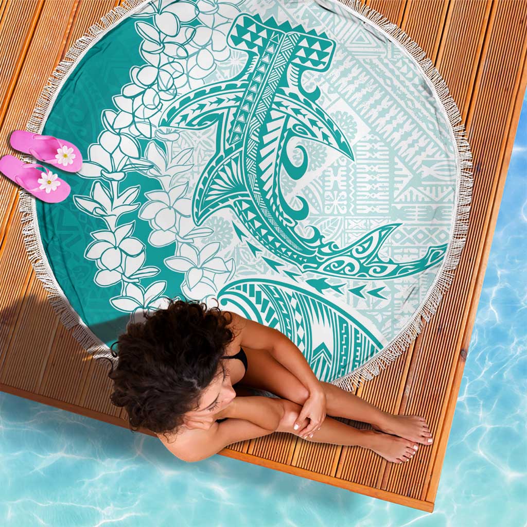 Polynesian Teal Plumeria Lei Beach Blanket with Hammerhead Shark LT7 - Polynesian Pride