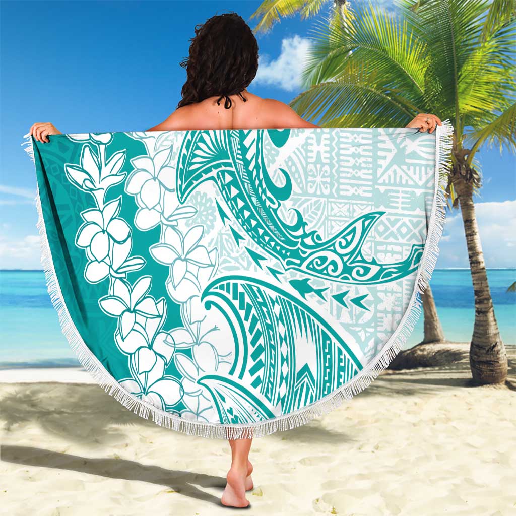 Polynesian Teal Plumeria Lei Beach Blanket with Hammerhead Shark LT7 - Polynesian Pride