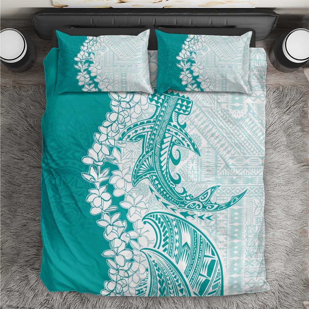 Polynesian Teal Plumeria Lei Bedding Set with Hammerhead Shark