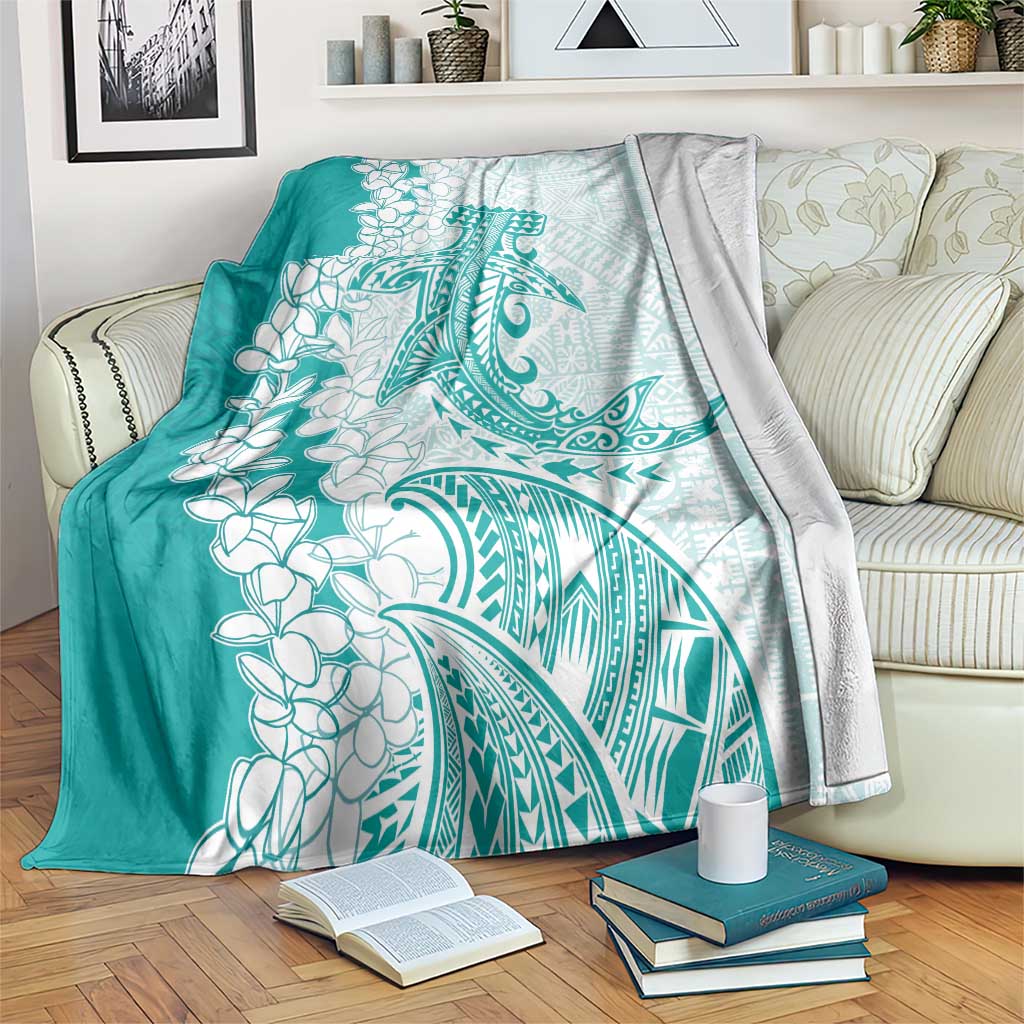 Polynesian Teal Plumeria Lei Blanket with Hammerhead Shark LT7 Teal - Polynesian Pride