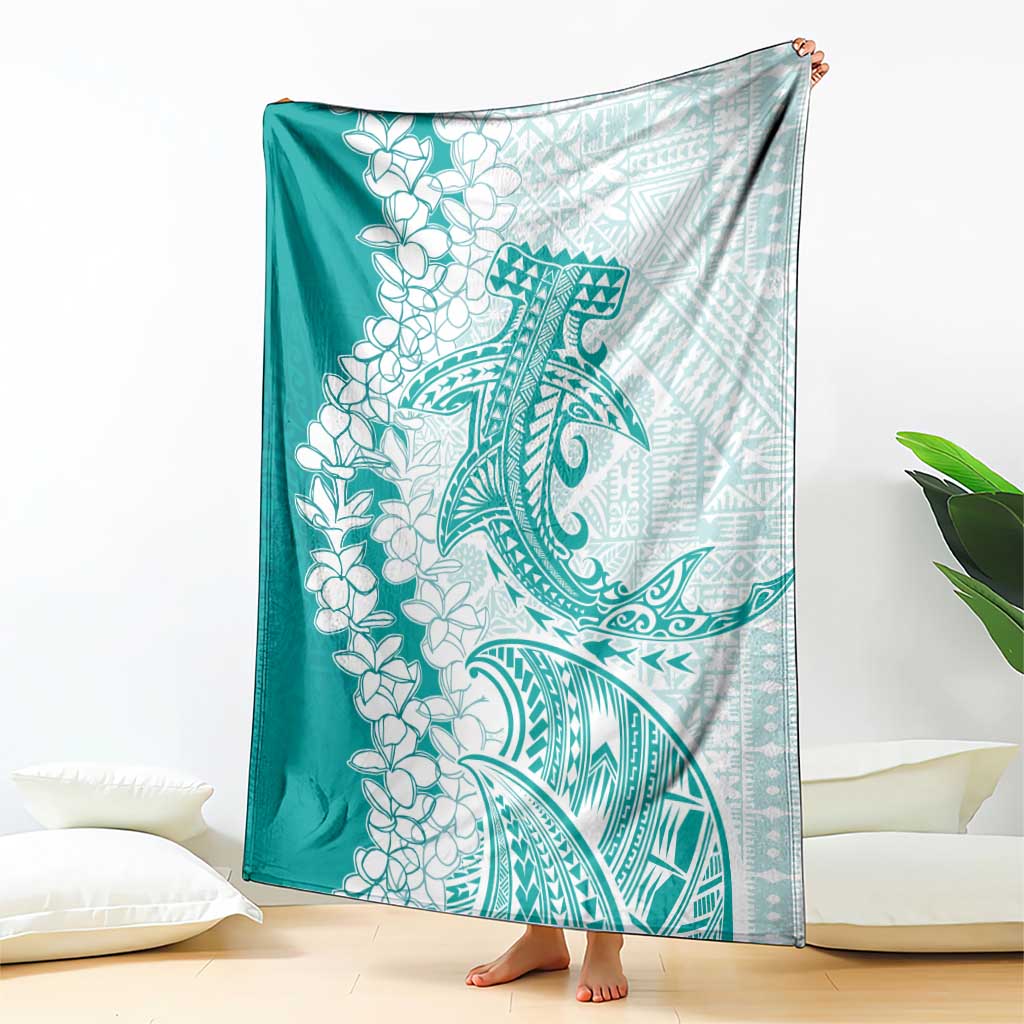 Polynesian Teal Plumeria Lei Blanket with Hammerhead Shark LT7 - Polynesian Pride