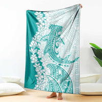 Polynesian Teal Plumeria Lei Blanket with Hammerhead Shark LT7 - Polynesian Pride
