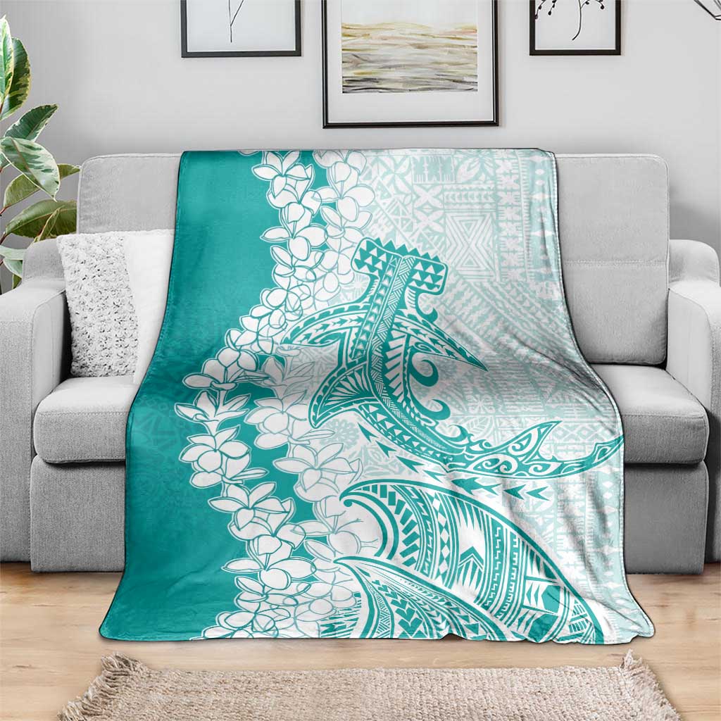 Polynesian Teal Plumeria Lei Blanket with Hammerhead Shark LT7 - Polynesian Pride