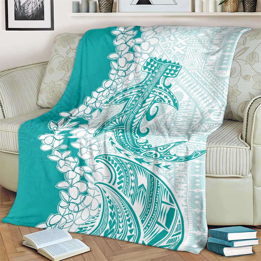 Polynesian Teal Plumeria Lei Blanket with Hammerhead Shark LT7 - Polynesian Pride