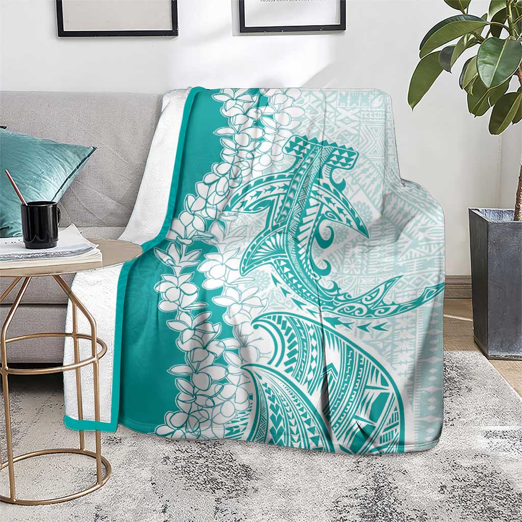 Polynesian Teal Plumeria Lei Blanket with Hammerhead Shark LT7 - Polynesian Pride