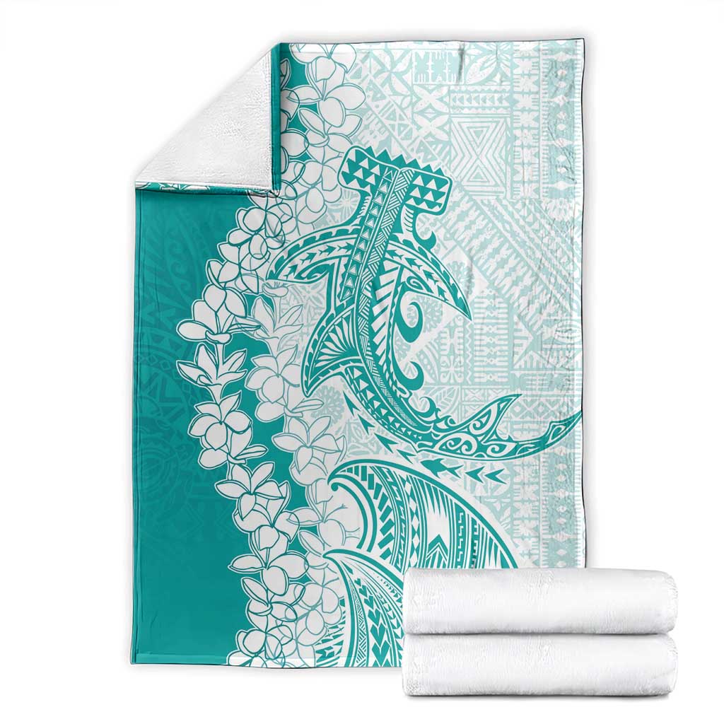 Polynesian Teal Plumeria Lei Blanket with Hammerhead Shark LT7 - Polynesian Pride