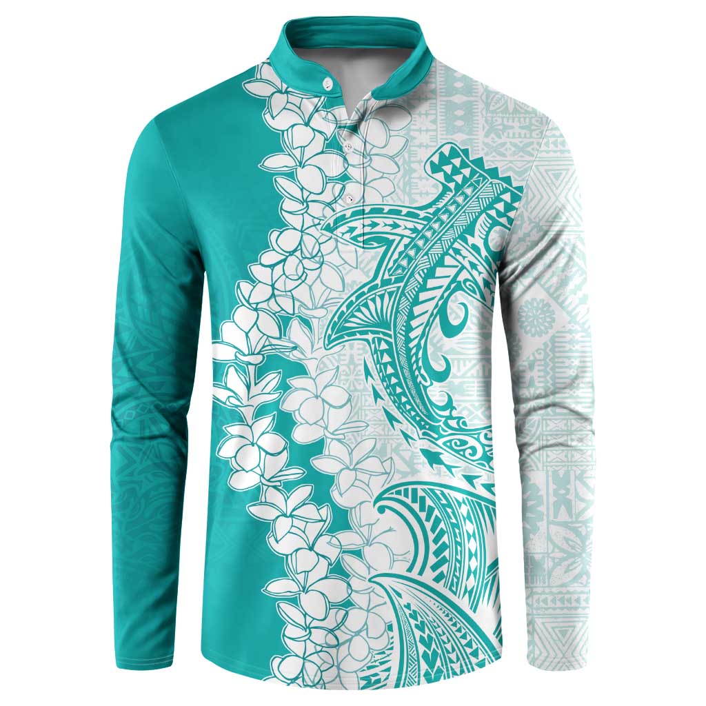 Polynesian Teal Plumeria Lei Button Sweatshirt with Hammerhead Shark LT7 Teal - Polynesian Pride